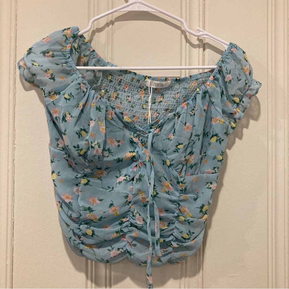Cute blouse with floral design , aqua blue top crop